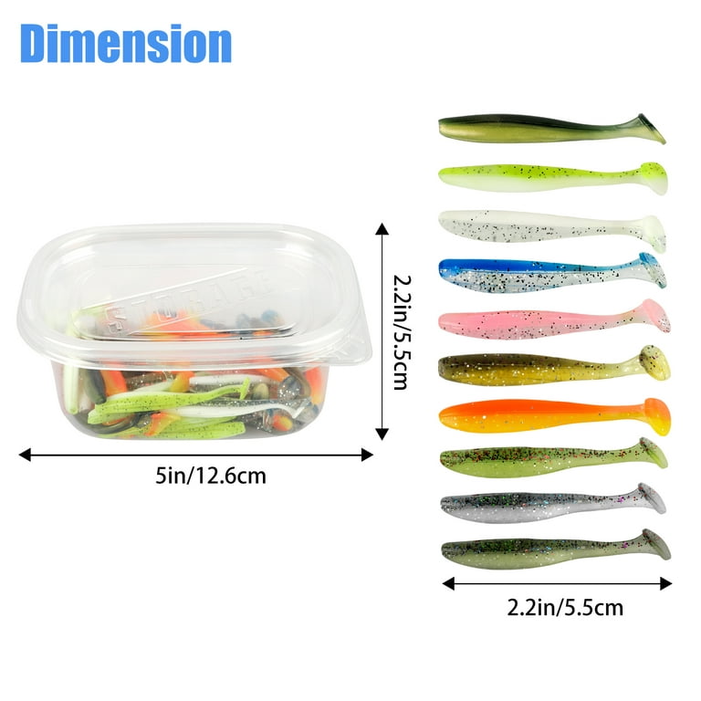 100/50pcs Soft Fishing Lures, TSV 2 inch T-Tail Soft Baits Kit Stinger Shade Grubs Assorted Mixture Crappie Quiver Tail for Bass, Hook Slot, Trout