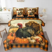 Manfei Rustic Turkey Pumpkin 7pcs Bedding Comforter Set,Harvest Thanksgiving Day Queen Bedding Sets,Orange Black Plaid Queen Sheet Sets For Girls Boys,Ultra Soft Home Decor Reversible