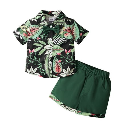 

Baby Boys Outfits Short Sleeve V Neck Leaf Print Bow Suit Top +Shorts 2Pcs Clothes Set 18-24 Months Green
