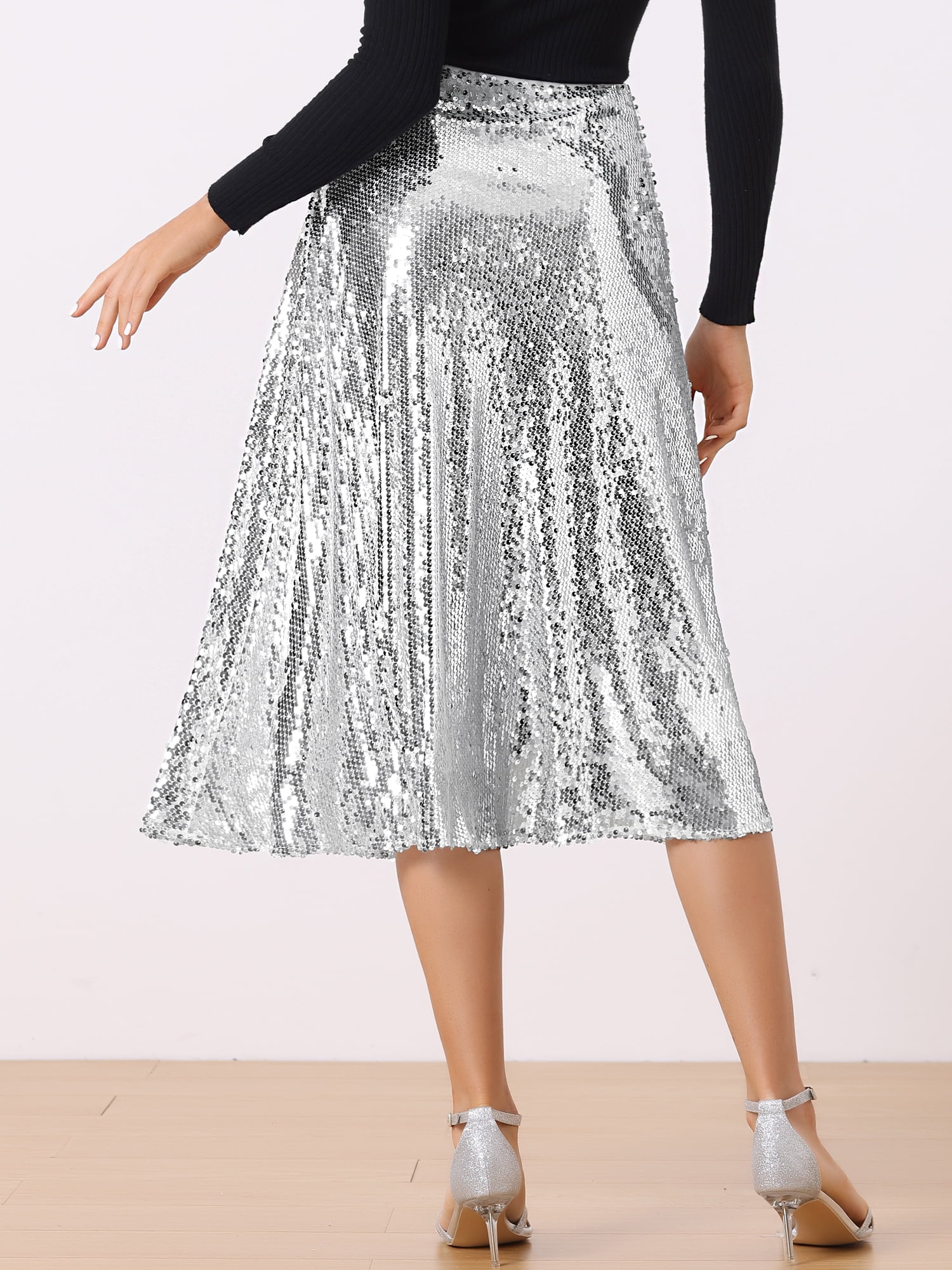 DARING DIVA Women's Sequin Midi Skirt Cocktail Party Skirts XS Silver