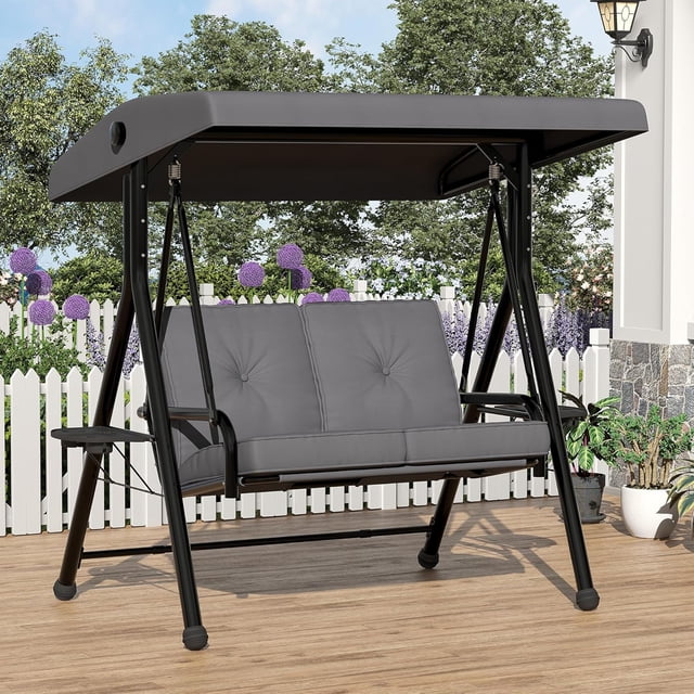 Chaise Balançoire d'Extérieur Réglable 2 Places avec Auvent, Siège Rembourré, Coussin Doux, Cadre en Fer Robuste, Banc de Jardin Résistant aux Intempéries pour Patio, Balcon Ou Cour Arrière, Gris