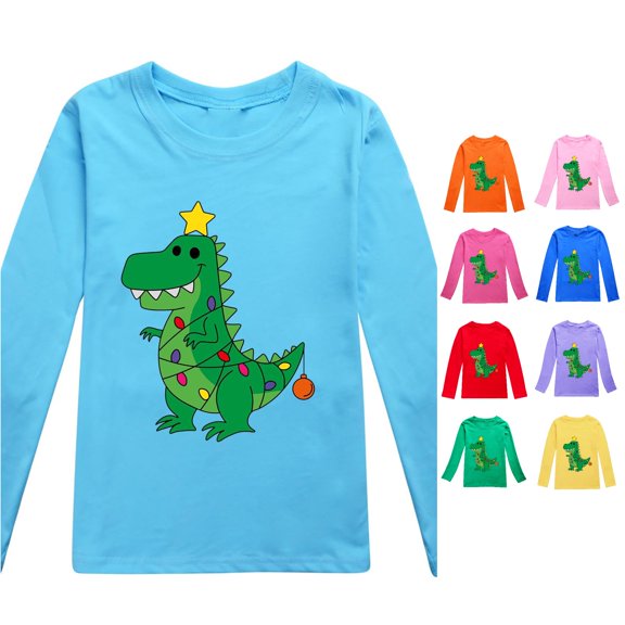 Ulitacool Tops For Girls Christmas Long Sleeve Dinosaur Pattern O Neck Xmas Tee 10-11 Years Blue