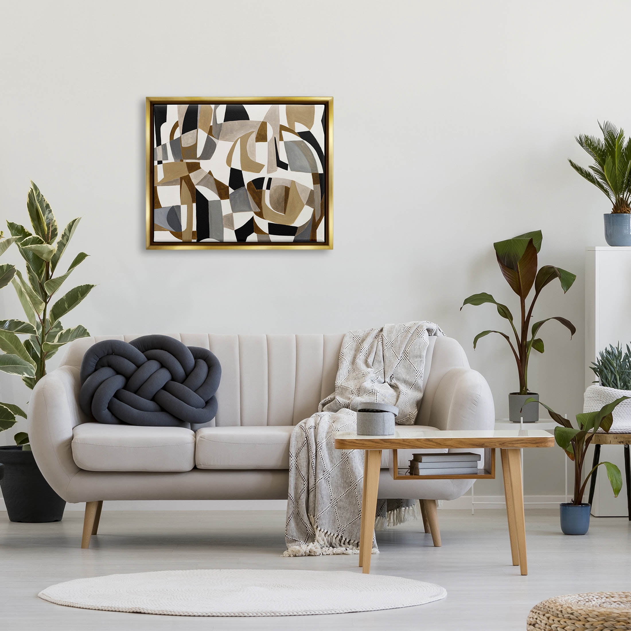 Brown Overlapping Geometric Shapes Abstract Painting Metallic Gold Framed Art Print Wall Art