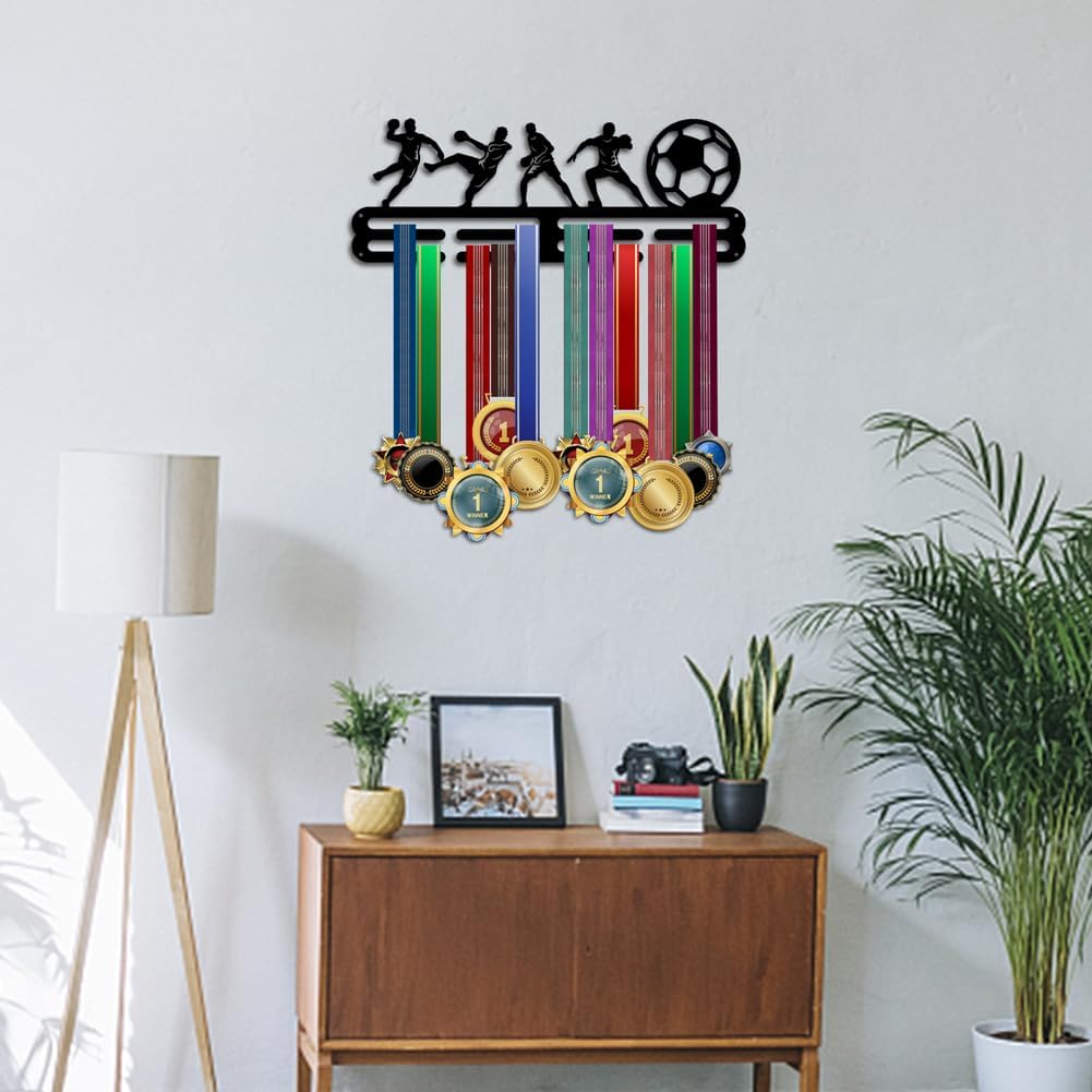PH Soccer Medal Hanger Display Medal Holder Rack Wall Mount Hanger Decor Trophy Shelf Tiered Award Rack Award Ribbon Hanger with Gift Box for Over 50 Medals Easy to Install Black DIY