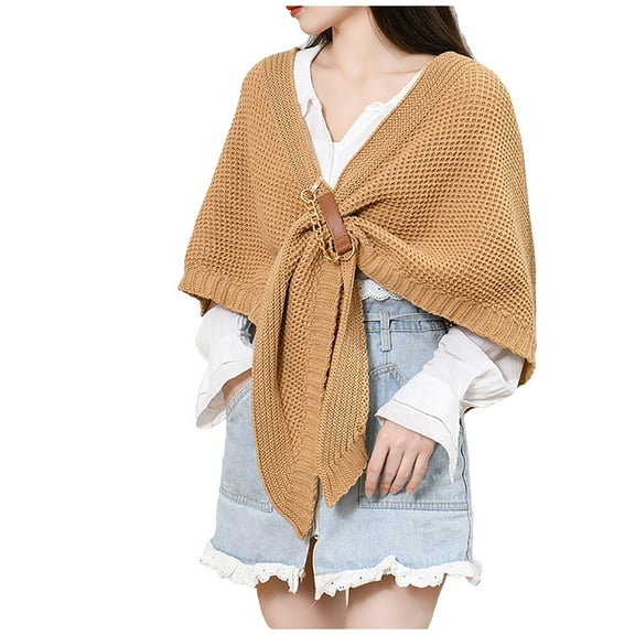 MIASHUI Women's Hollow Leather Buckle Iron Chain Triangle Shawl Cape Solid Color Warm Decorative Scarf Slit Large Triangle Scarf Yellow