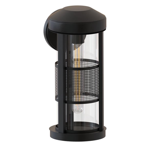 Ambiate Erma Lantern-Style Outdoor Wall Sconce, Medium E26 Socket (40W Max), Glass Cylinder with Screen Detail, Recycled Content, Black Finish, IP65 Rated, Porches, Patio, Garage Openings, ETL