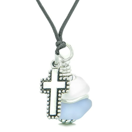 Glass Purple Cross - Sea Glass Icy Frosted Waves Holy Cross Pastel Purple White Positive Energy Amulet Adjustable Necklace