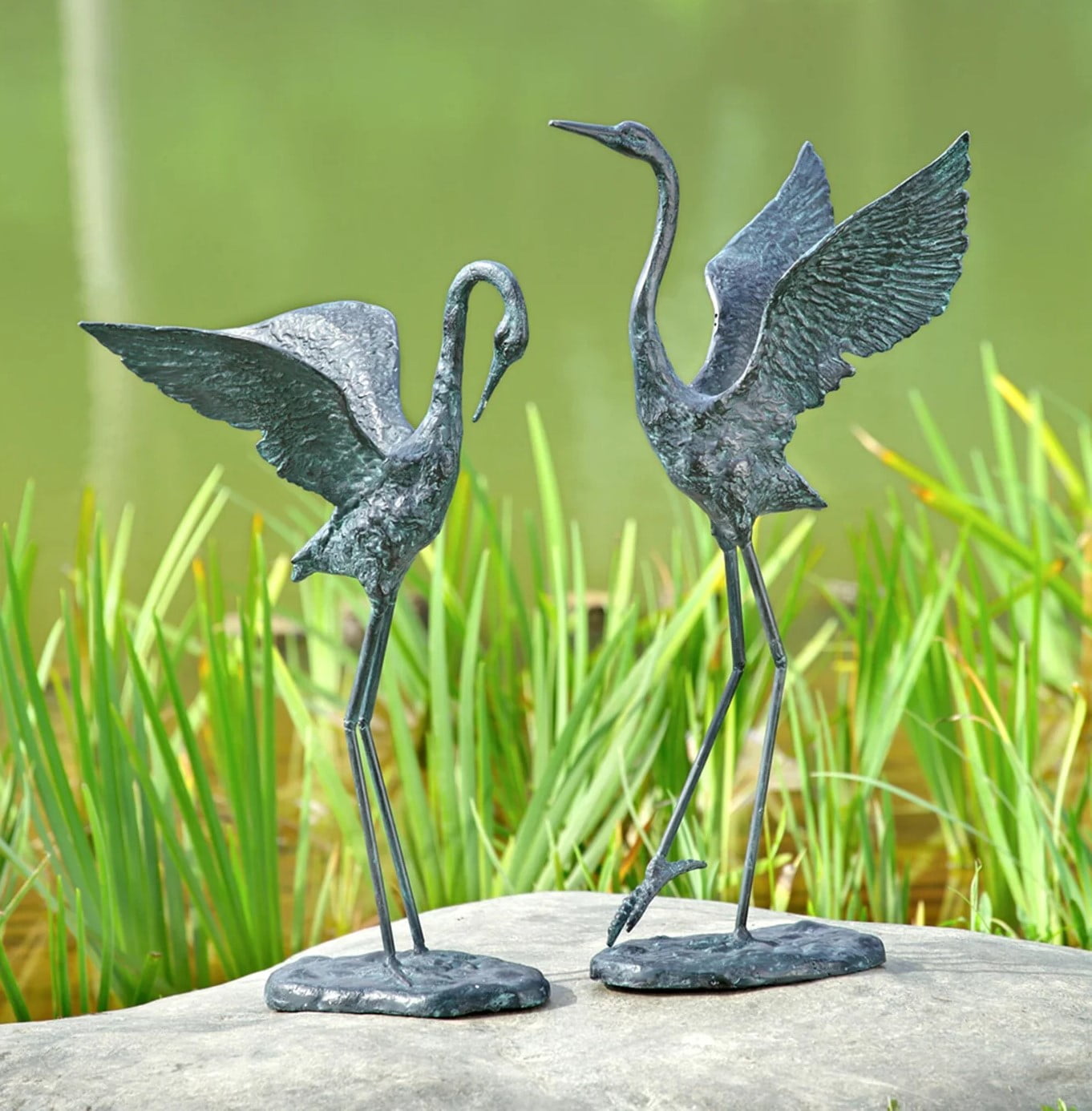 Exalted Crane Pair Antique Verdigris Green Metal Garden Sculpture