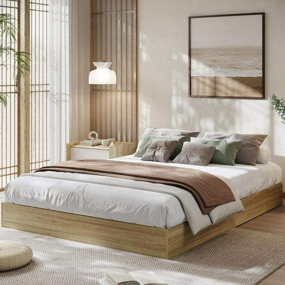 QUEEN Wood Platform Bed Frame, with Sturdy Wooden Slats, No Box Spring Needed, Easy Assembly, Floor-Standing Bed Frame, Modern Minimalist Design, Space-Saving