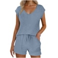 thumbnail image 2 of Viluyesy V-Neck T-Shirt and Shorts Set for Womens Solid Color Tops Elastic Waist Short Pants Comfortable Shirt and Shorts Sets Two PC Light Blue Size L, 2 of 9
