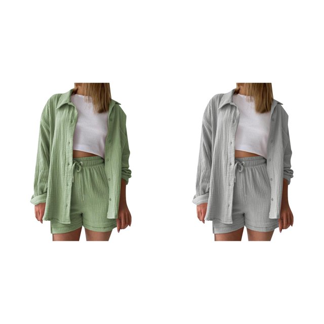 (2-Pack) Rinsvye Womens Crinkle Fabric Shirt Set Long Sleeve Button Down Top With Drawstring Shorts Casual Two-Piece Outfit Wear