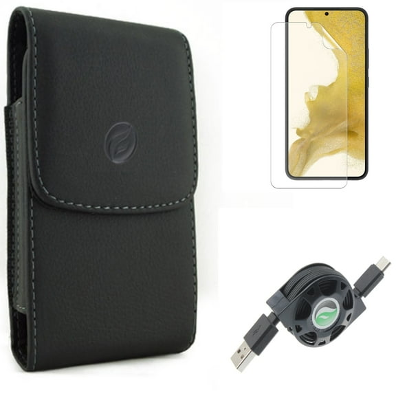 USB Cable & Case Belt Clip & Matte Screen Protector for Samsung Galaxy S22 (6.1") - Retractable Type-C & Leather Holster & TPU Film Anti-Glare Accessory Bundle