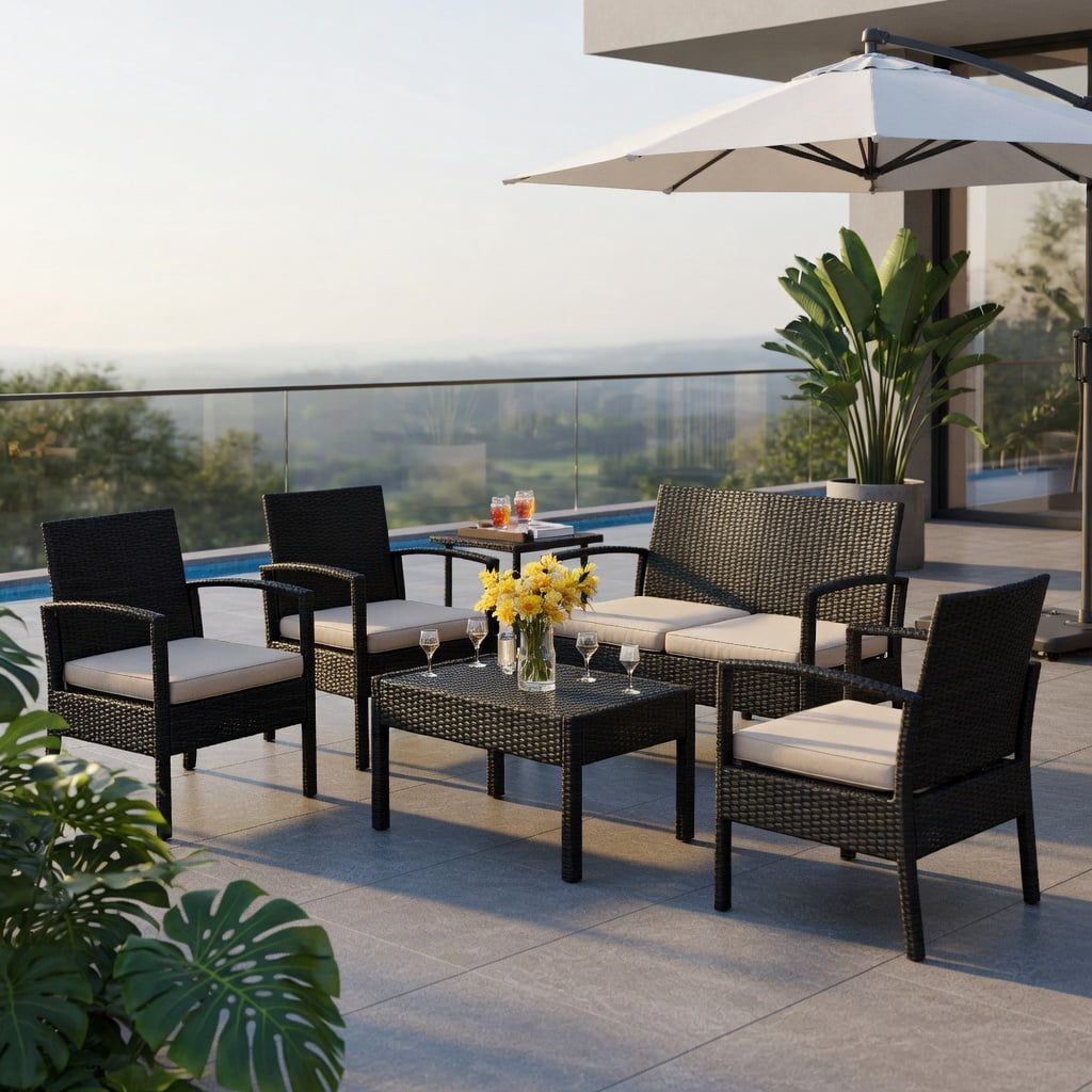Hommoo 4-Piece Outdoor Rattan Patio Conversation Set, Double Loveseat, 2 Single Sofas & Glass-Top Coffee Table, All-Weather PE Wicker with Steel Frame, Black