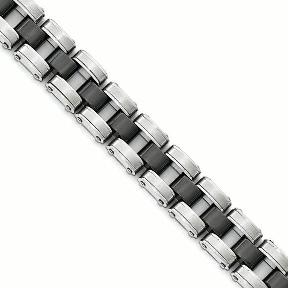Stainless Steel Brushed & Polished w/Black Ceramic Link Bracelet 8.5 Inch "Bracelets