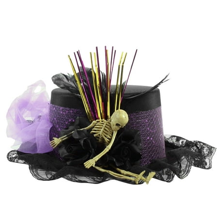 Satin Voodoo Witch Elegant Top Hat Skeleton Feathers Scarf Costume