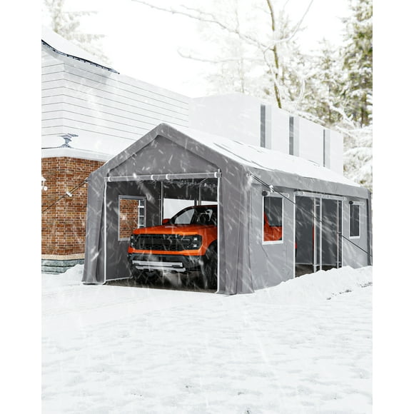 Alician Carport 13'x25' Heavy Duty Steel Canopy Height Adjustable & Portable Garage with Roll-up Ventilated Side Doors for Truck Boat Car Port, Party, Equipment Placement, Straw