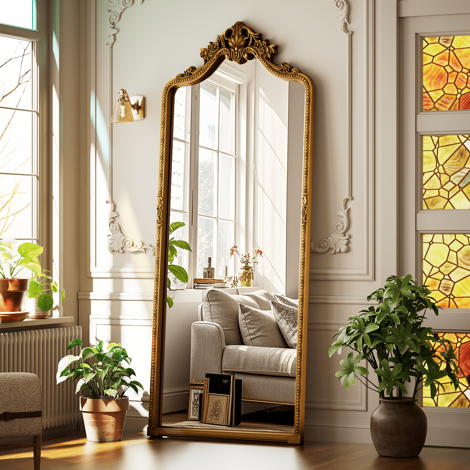 Easy4Home 69"x28" Arched Full-Length Floor Mirror, Luxurious Vintage Design with Ornate Carving, Antique Gold