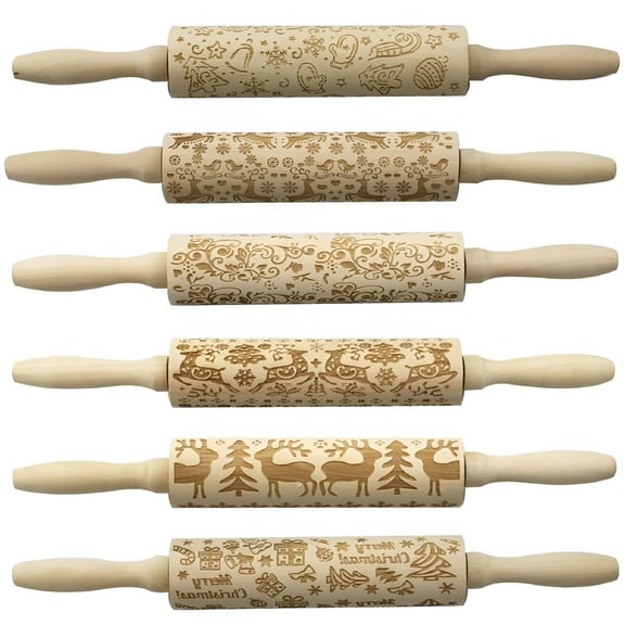 ACDANC Christmas Wooden 3D Rolling Pins,Embossing Rolling Pin with Engraved Christmas Themed Symbols for Baking Embossed Cookies Rolling Pins for Baking
