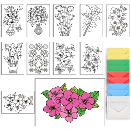 10Pcs Flower Coloring Greeting Cards Flower Vase Painting Greeting Card Kit Flower Coloring Greeting and Thank You Note Cards 10 Cards with 5 Colors 10Pcs Envelopes Included (8x6 Inch) 1bag
