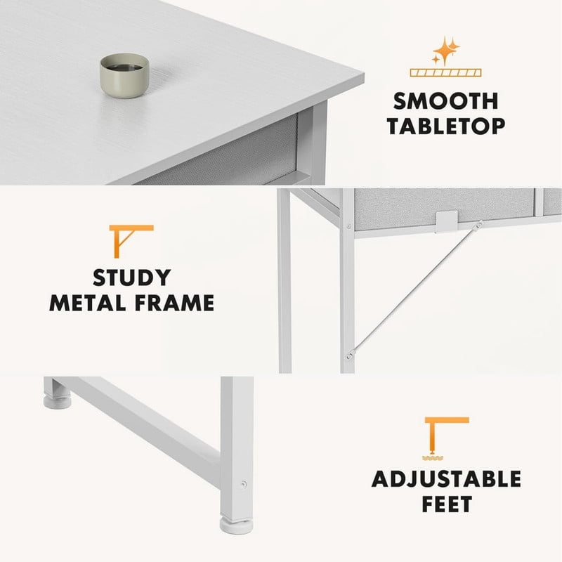Kelno 32 Inch Computer Desk with 2 Fabric Drawer Storage Bag Iron Headphone Hook Vanity Writing Table, White