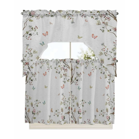 Vintage Botanical Swag Valance and Tier Curtains 36'' Length Set, Spring Floral Botterfly Summer Flower Light Filtering Kitchen Curtains, Tier Curtain Valances for Bathroom/Living Room/Bedroom/Café