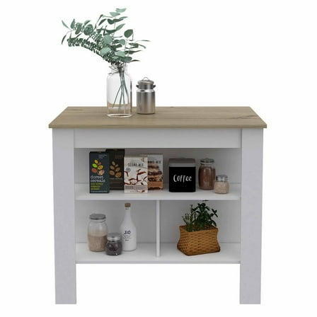 TUHOME Cala 2 Shelf Kitchen Storage Island Prep Area Cabinet, White/Oak