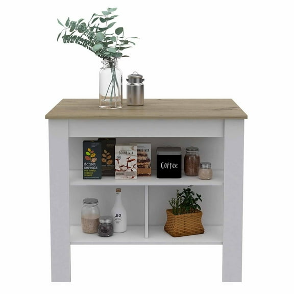 TUHOME Cala 2 Shelf Kitchen Storage Island Prep Area Cabinet, White/Oak
