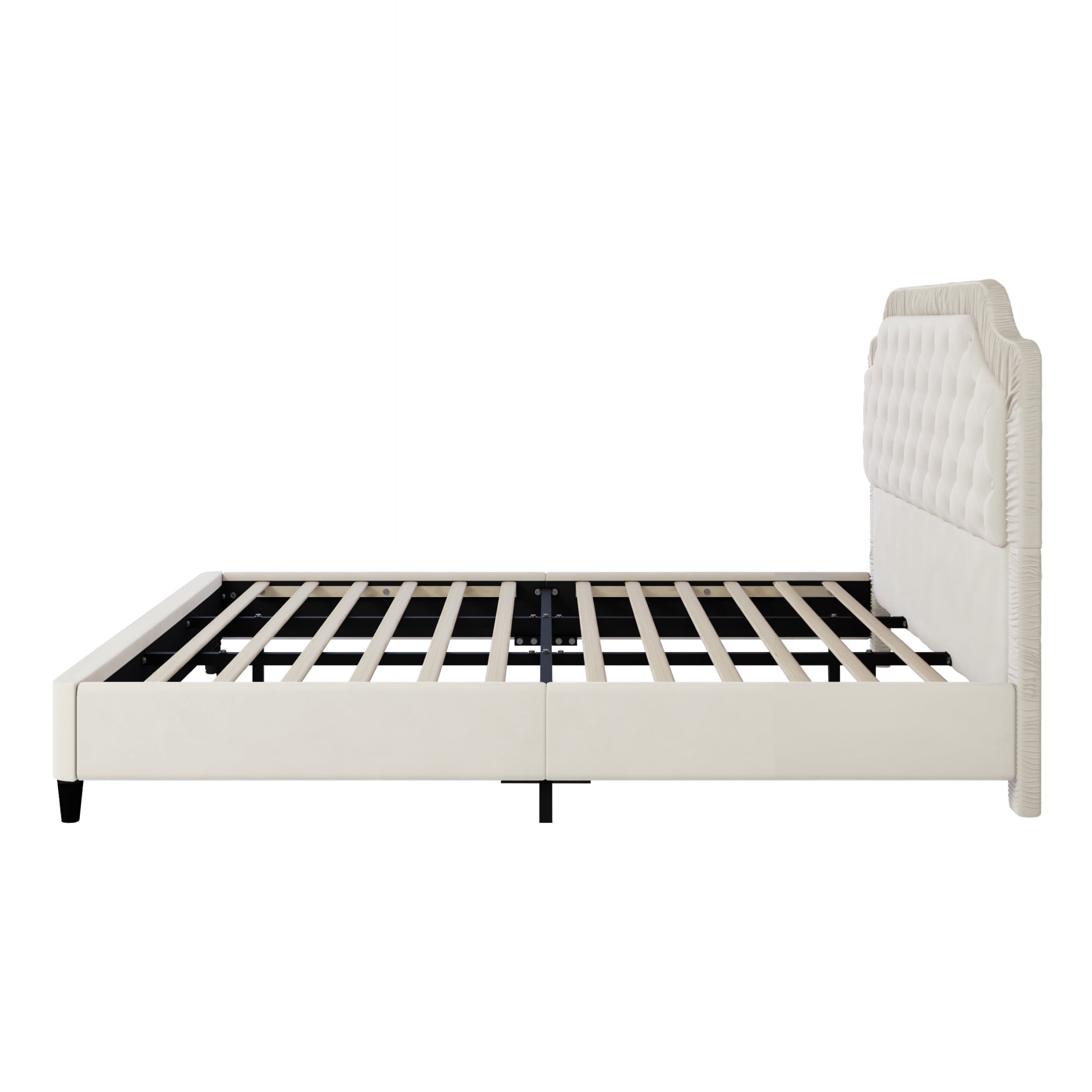 Fallon Modern King Size Platform Bed, Velvet Upholstered Bed with Button Tufted Headboard, White