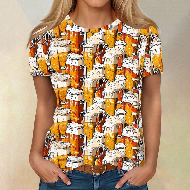 Fiudx Liquidación de Ofertas Flash Blusa de Manga Corta con Estampado de Moda para Mujer, Camiseta con Cuello Redondo, Tops Informales