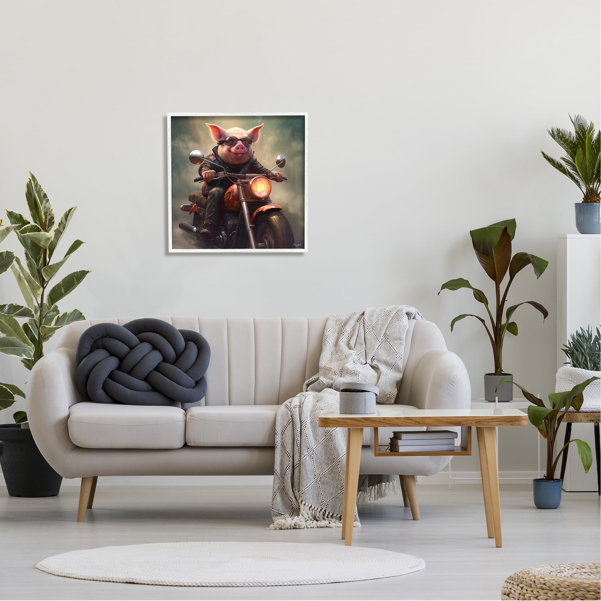 Stupell Industries Biker Pig on Motorcycle Animals & Insects Painting White Framed Art Print Wall Art, 24 x 24