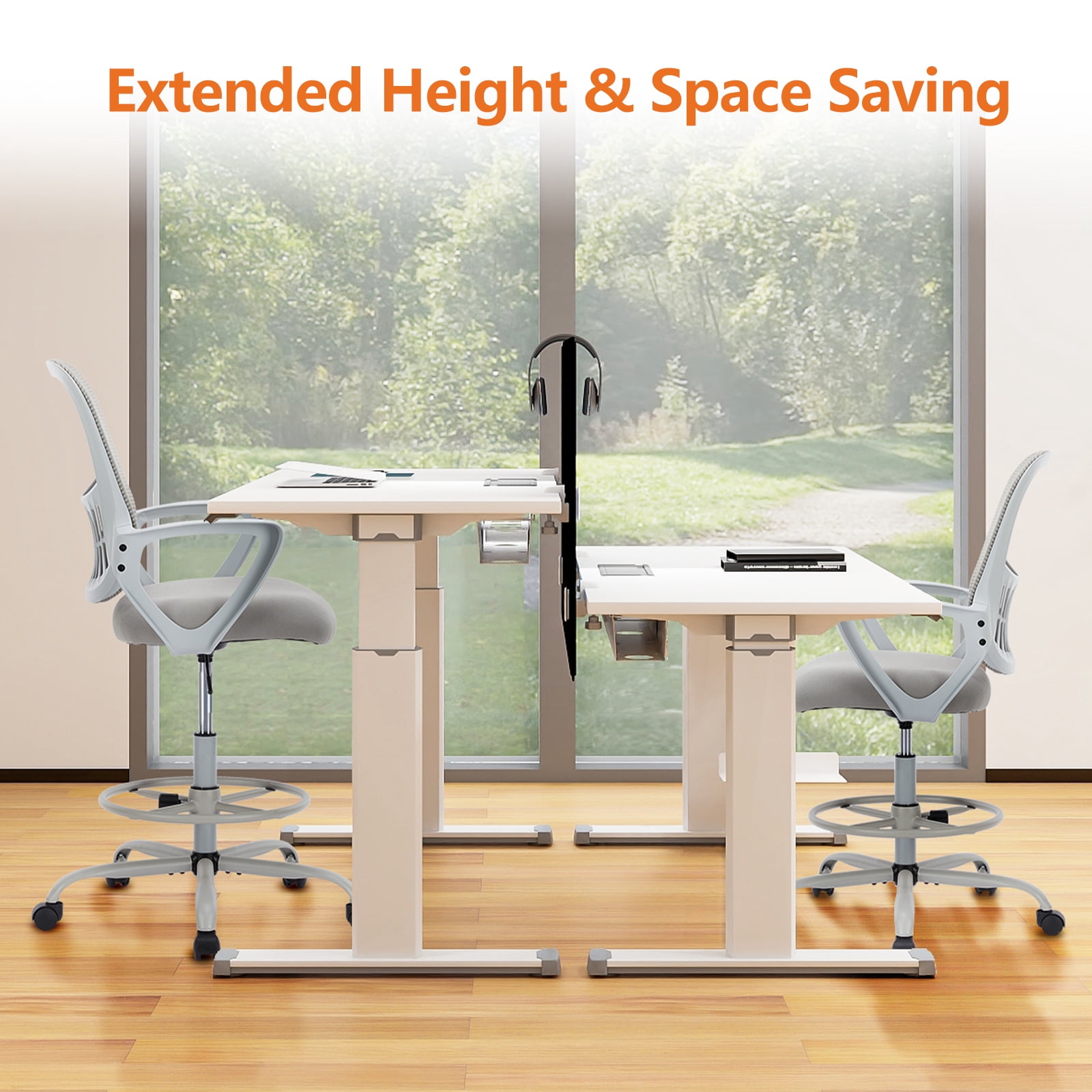 JONPONY Tall Drafting Office Chair,Desk Chair with Ergonomic Lumbar Support for Home, Office, Bedroom, for Adults,Gray