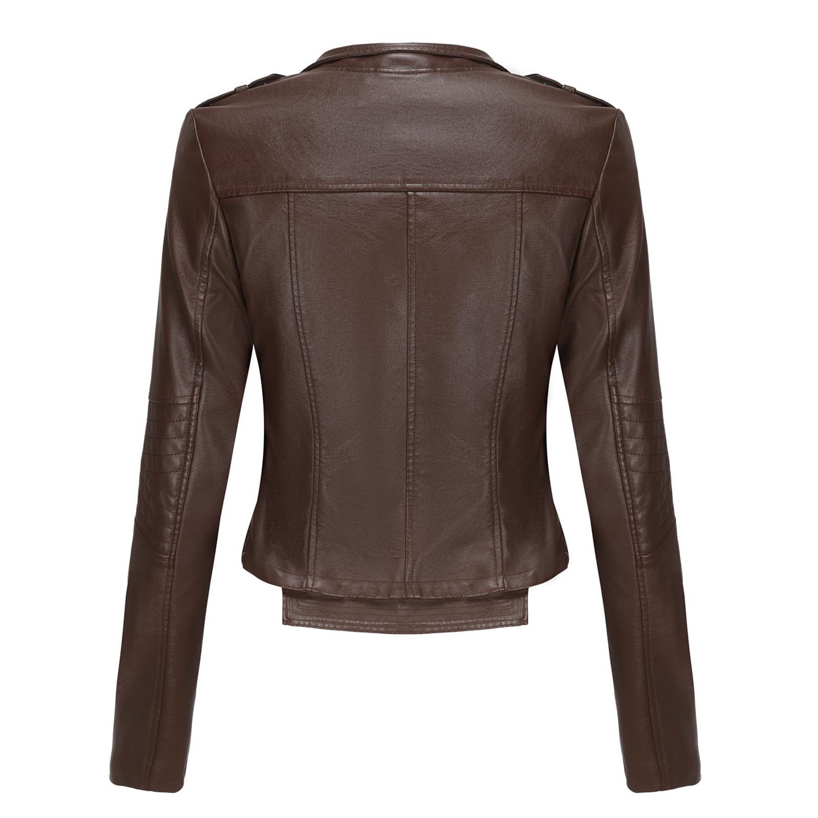 qolati Women Faux Leather Jackets Vintage Long Sleeve Zip Up Motorcycle Jacket 2024 Trendy Lightweight Collar Cropped Coats Outwear