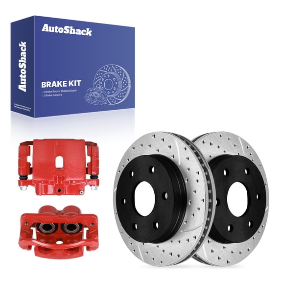 AutoShack Front Vented Drilled & Slotted E-Coated Brake Rotors   Calipers Red 4-PC Brake Kit Replacement for 2007 Chevrolet Silverado 1500 Classic 2000-2006 GMC Yukon ShadowGuard 11.99" (304.6 mm)
