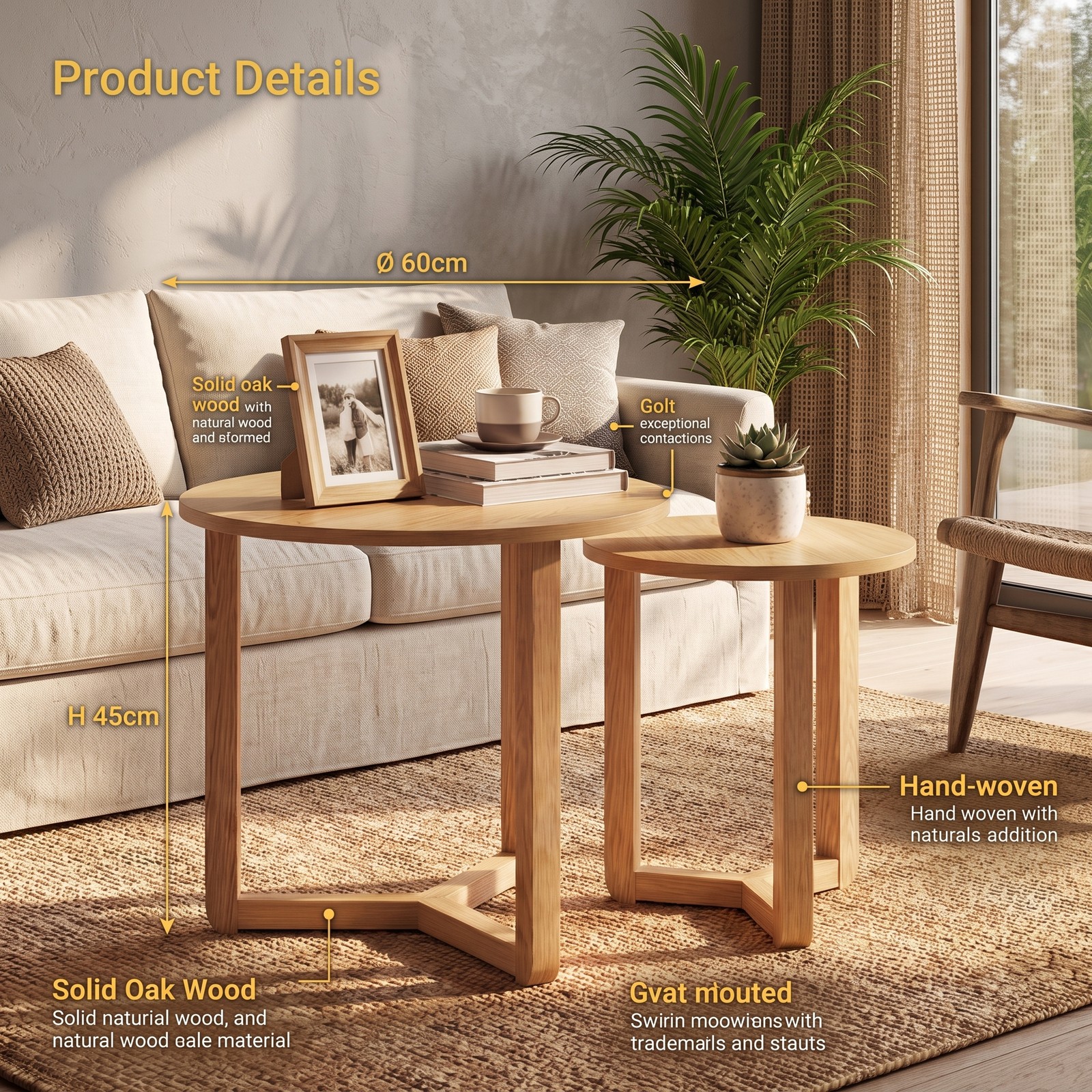 Furnibear Round Nesting Coffee Table Set of 2, Wood Nesting End Tables with Thickened Tabletop and Tripod Frame for Living Room, Space-Saving Side, Natural Walnut