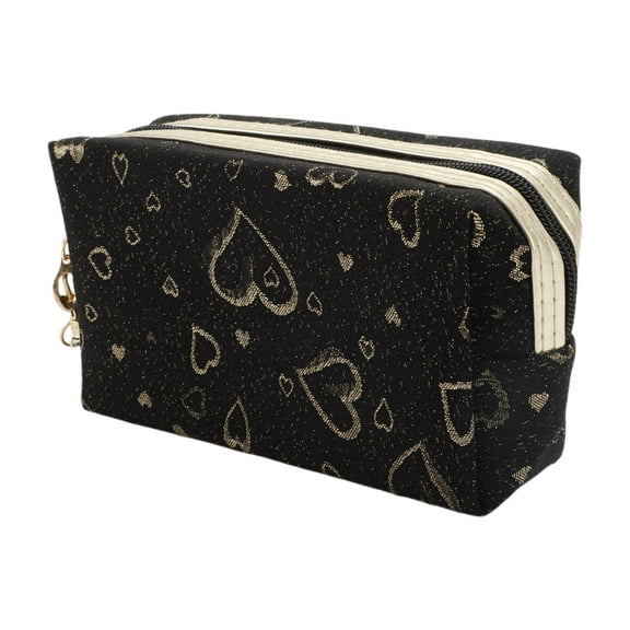 1 Pc Women Portable Gold Heart Makeup Bag for Travel Gym Vacation Wedding Black PU