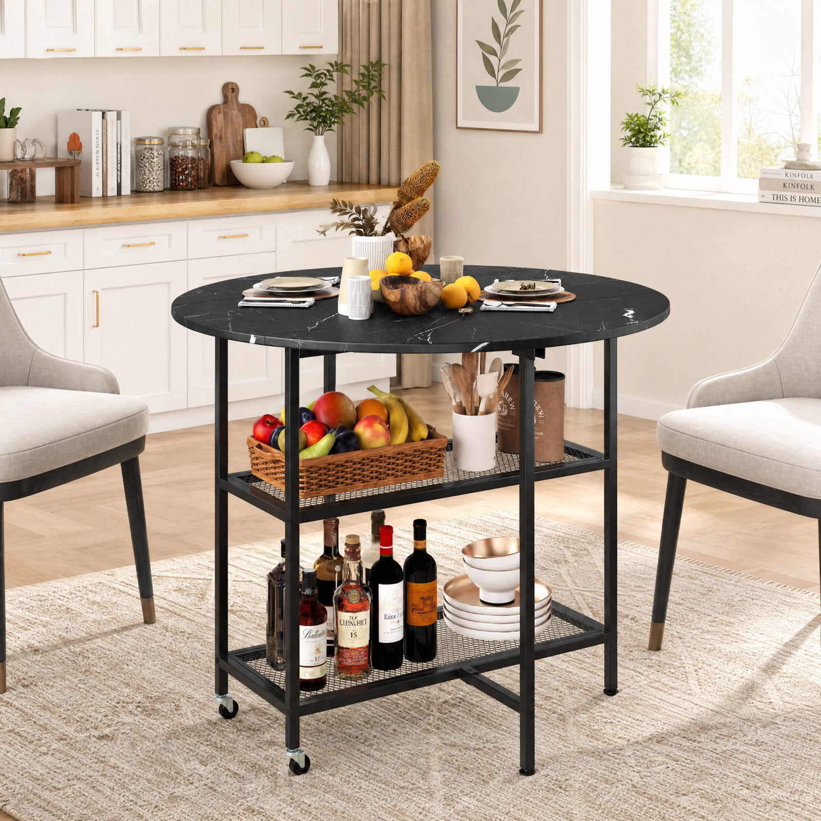 Furnibear Folding Round Dining Table with Lockable Wheels and 2 Storage Shelves and Sturdy Metal Frame for Small Spaces, Black