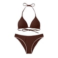 thumbnail image 7 of Women's Solid Color Lace Triangle Bikini Set Halter Adjustable Ties Backless Two-Piece Swimsuit Coffee L(L), 7 of 7