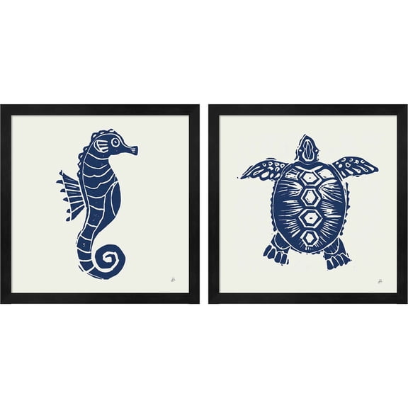 Great Art Now Primitive Sea Navy by Daphne Brissonnet, 2 Piece Framed Art Set Each 13"W x 13"H