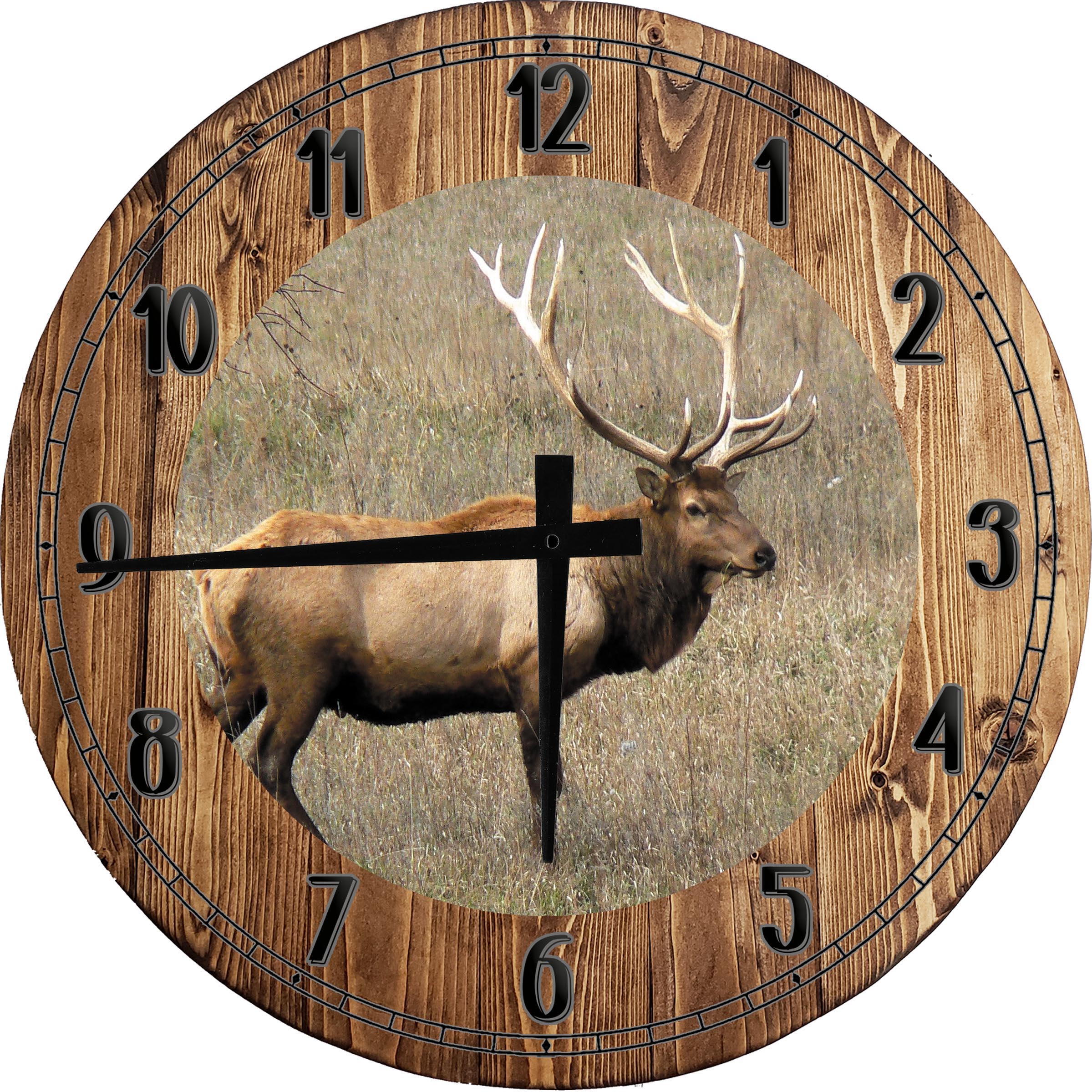 Large Wood Wall Clock 24 Inch Round Large Bull Elk Huge Rack Open Field