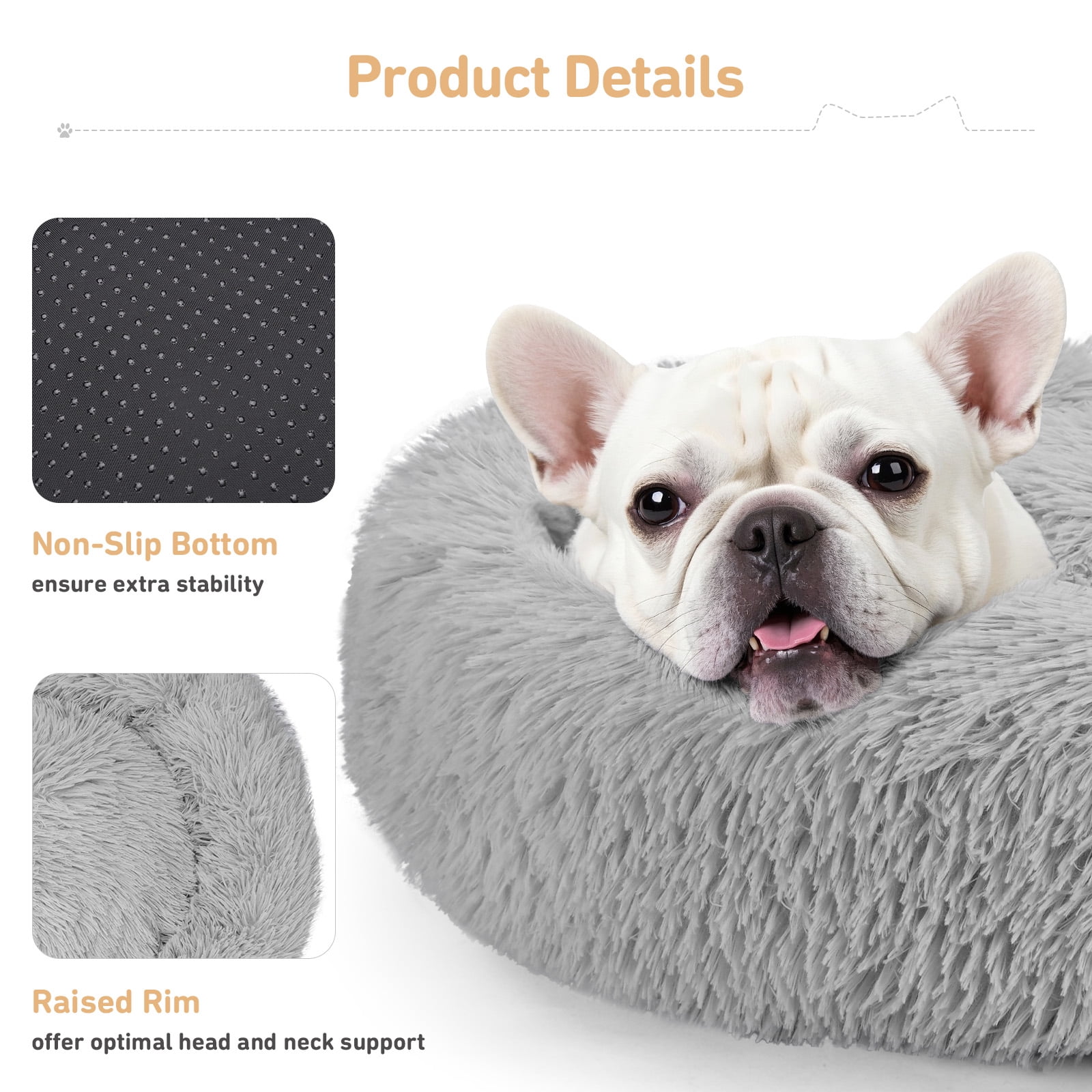 Zephypaws 27in Calming Dog Bed for Small Medium Dogs,Donut Washable Puppy Bed,Anti-Slip Round Fluffy Plush Faux Fur Pet Bed,Gray