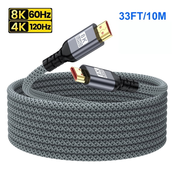 8K HDMI Cable 2.1, 10M/33FT Ultra High Speed 48Gbps (8K@60Hz 7680x4320, 4K@120Hz) Long Braided Cord, Supports Dynamic HDR eARC DTS:X RTX 3090, Compatible with HDTV/PS5/TV Box/Laptop/Projector/Monitor