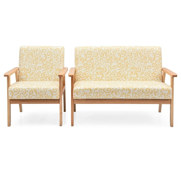 Topbuy 2 Piece Loveseat and Single Sofa Set Fabric Upholstered Couch & Accent Armchair Yellow Floral