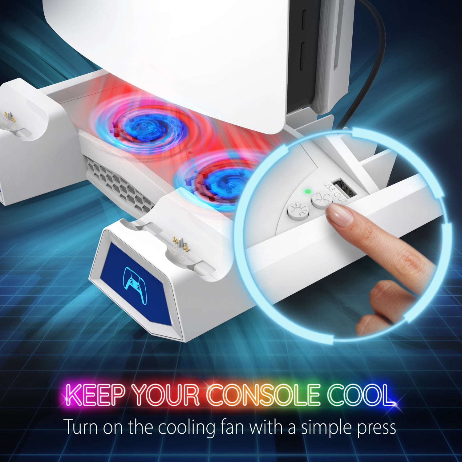 Fosmon PS5 Stand and Cooling Station with RGB LED Light, Dual Charging Station for DualSense/Edge Controller, 15 Game Slots, Headset Holder (Compatible with PlayStation 5 Slim Disc & Digital Version)