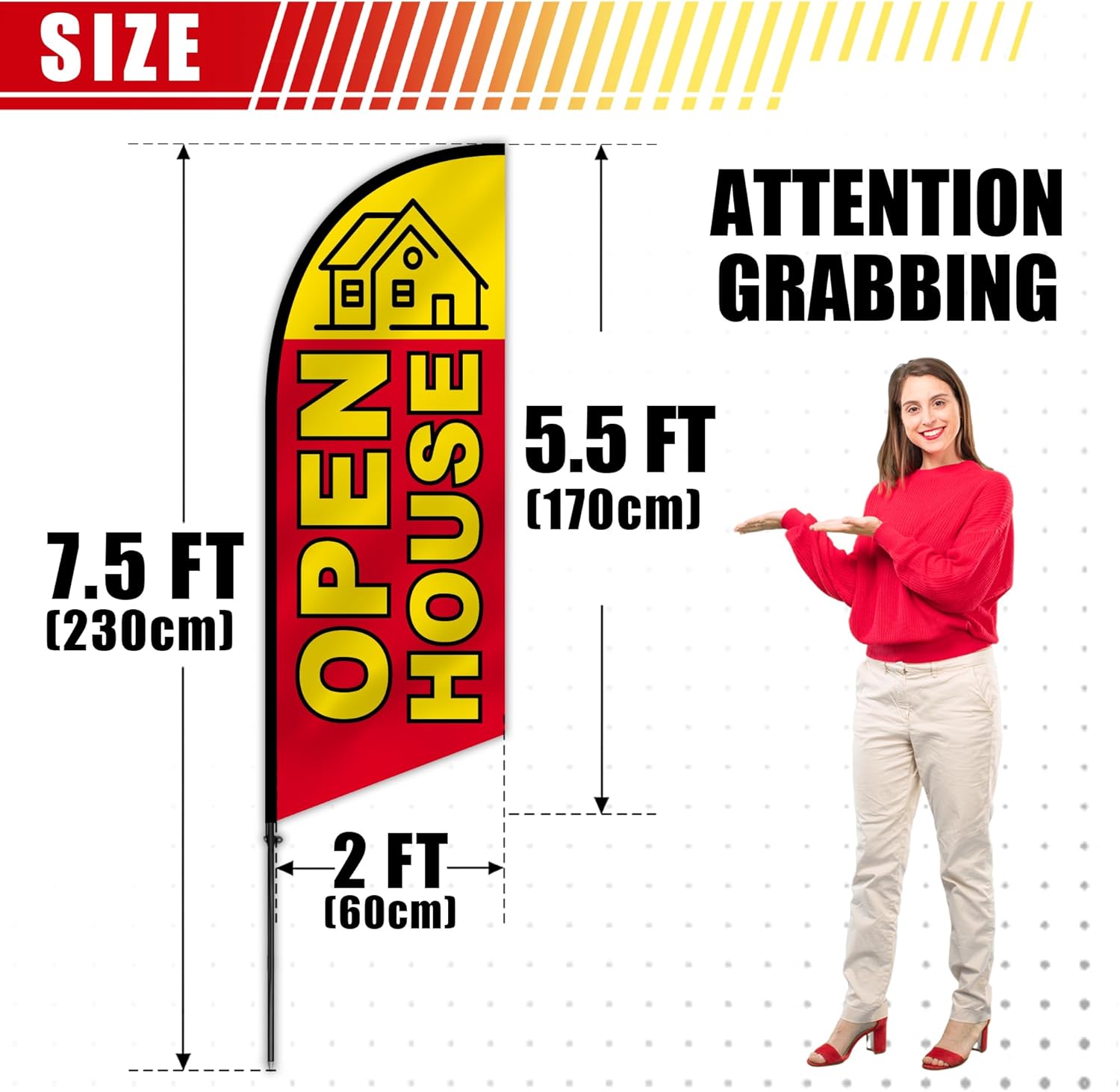 Anley 7.5 FT Open House Feather Flag Banner Kit - Outdoor Swooper Advertising Flags with Pole and Stake - Property Display Sign for Homes, Real Estate Events - Weather Resistant & Easy Setup