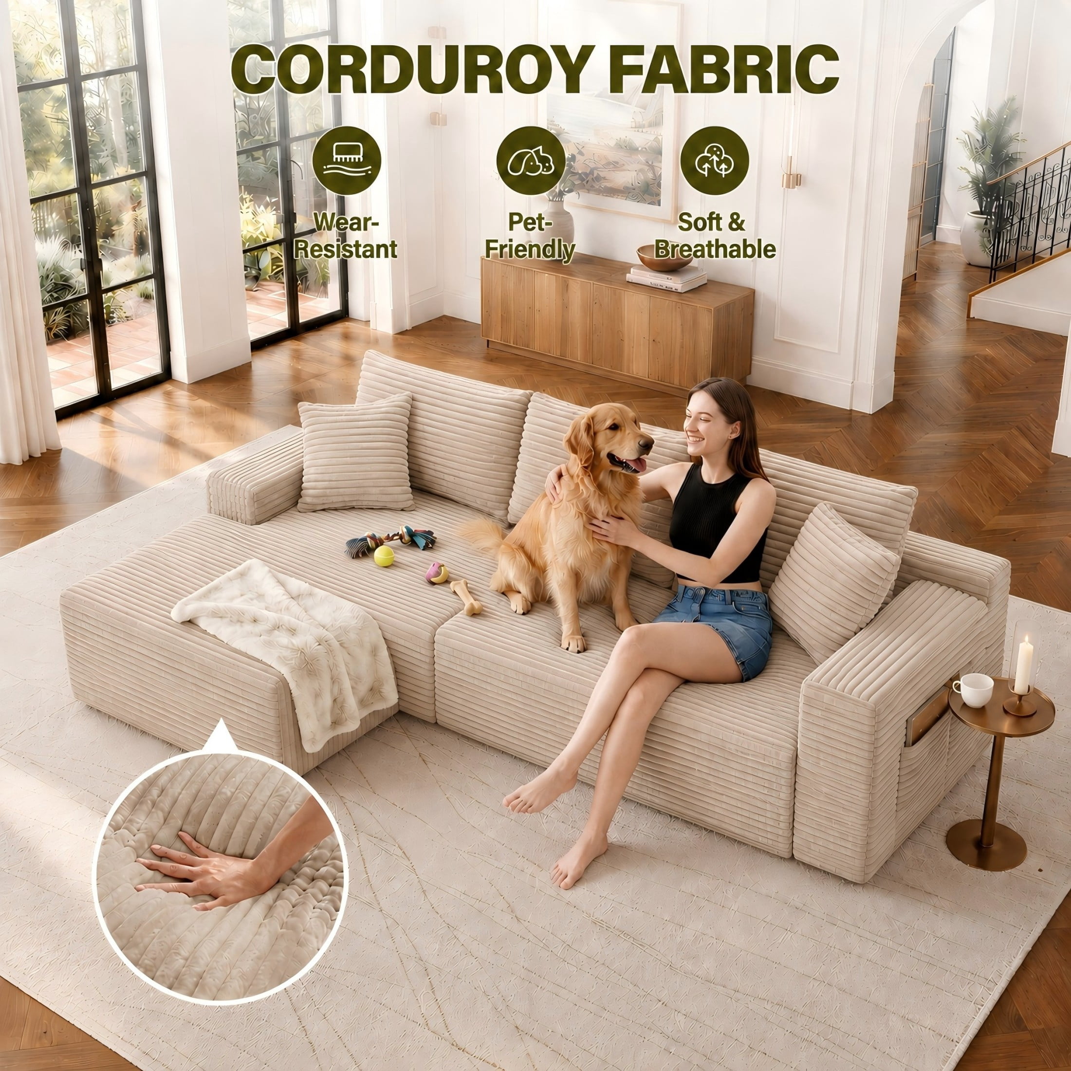Aukfa 107" Cloud Modular Sectional Couch with Left-Facing Chaise, Corduroy Deep Seat Boneless Sofa for Living Room, Apartment, Camel