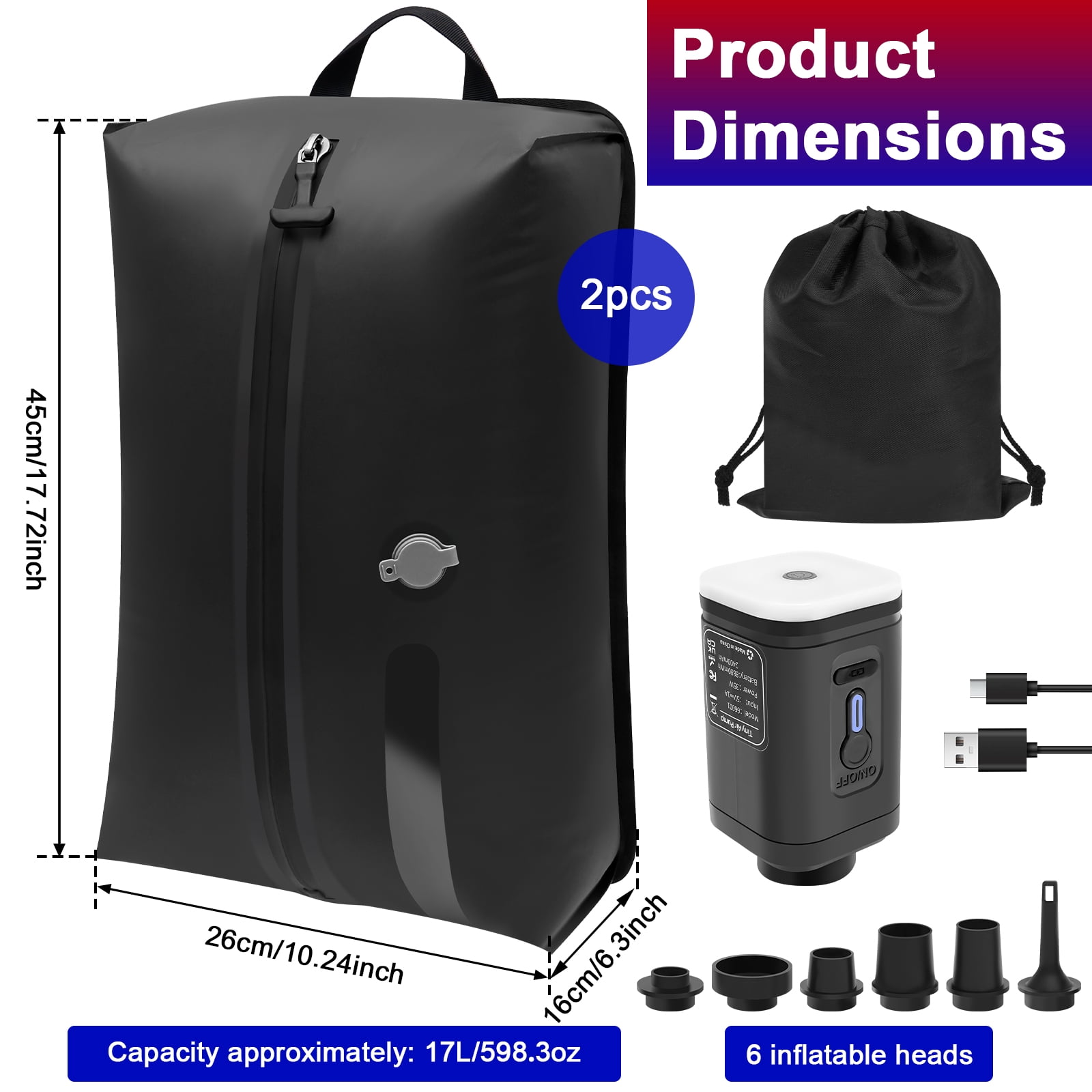 Vacuum Seal Bag for Traveling with Rechargeable Pump 17L Compression Packing Cube for Carry On Suitcase and Backpack Reusable IP67 Waterproof Vacuum Storage Bag 2 Pack