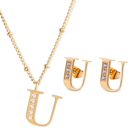 Juego Joyería Mujer, Collar Aretes Inicial Letras LuckyLy, Acero Inoxidable Baño de Oro 18k dorado UNITALLA