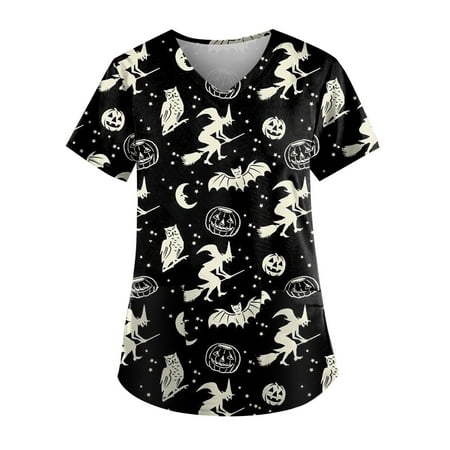 

Ovticza Petite Scrubs Women Halloween Novelty Print Nursing Short Sleeve Cute Scrub Tops for Women with Pockets V Neck Uniforms Clearance Fitted Printed Scrub Tops Gray 5XL