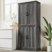 71" Tall Kitchen Pantry Cabinet, Farmhouse Storage Cabinet with Adjustable Shelves, Rustic Wood Freestanding Cupboard Organizer with Barn Door for Dining Room, Living Room, Grey