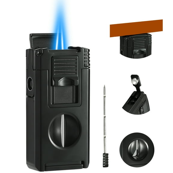 All in One Jet Flame Cigar Torch Lighter Built-in Cutter V Cut, Punch, Holder Function, Draw Enhancer Tool, Refillable and Adjustable Windproof Lighter (Sold Without Gas)